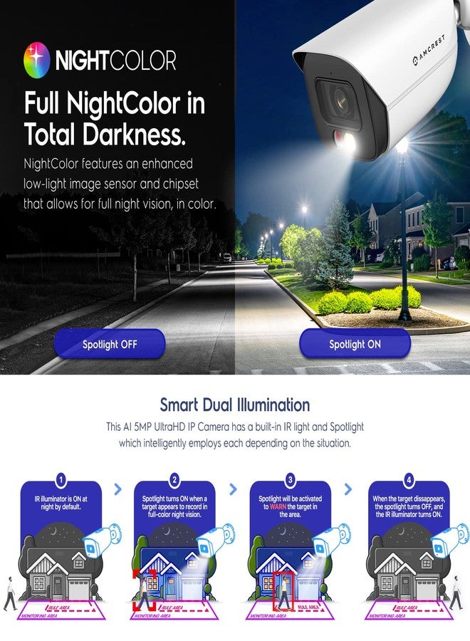 Amcrest 5MP IP PoE AI Camera w/ 49ft Color Night Vision, Security Outdoor Bullet Camera, Built-in Microphone, Human & Vehicle Detection, Active Deterrent, 129° FOV, 5MP@20fps IP5M-B1276EW-AI (White) - Image 5