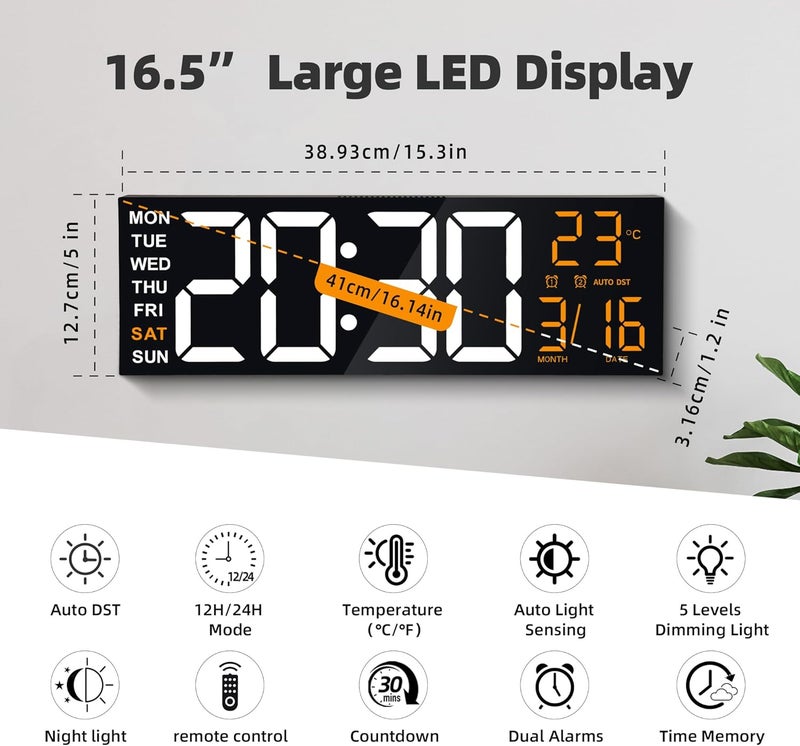 ماكس ستار ساعة حائط رقمية كبيرة من ماكستار مقاس 16 بوصة مع شاشة LED RGB 8 وأجهزة تحكم عن بعد، إنذاران مزدوجان عاليان الصوت، خافت إضاءة 5 مستويات، توقيت صيفي تلقائي، درجة حرارة، تاريخ، ضوء ليلي لغرفة النوم/المكتب/غرفة المعيشة/المتجر/صالة الألعاب الرياضية/غرفة الألعاب - Image 2