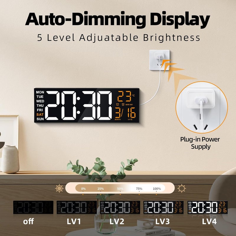 ماكس ستار ساعة حائط رقمية كبيرة من ماكستار مقاس 16 بوصة مع شاشة LED RGB 8 وأجهزة تحكم عن بعد، إنذاران مزدوجان عاليان الصوت، خافت إضاءة 5 مستويات، توقيت صيفي تلقائي، درجة حرارة، تاريخ، ضوء ليلي لغرفة النوم/المكتب/غرفة المعيشة/المتجر/صالة الألعاب الرياضية/غرفة الألعاب - Image 5