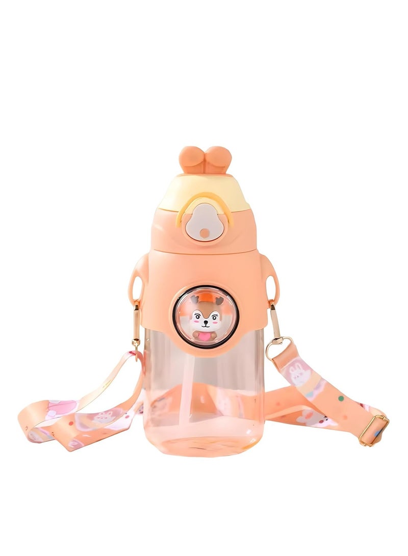 Mobcos Cute Rabbit Cartoon Kids Water Bottle with Straw and Adjustable Strap Food Grade Tritan One-Click Open Portable Leak Proof Insulated BPA Free For Kids Girls School Travel 750Ml (OrangeP) - Image 1
