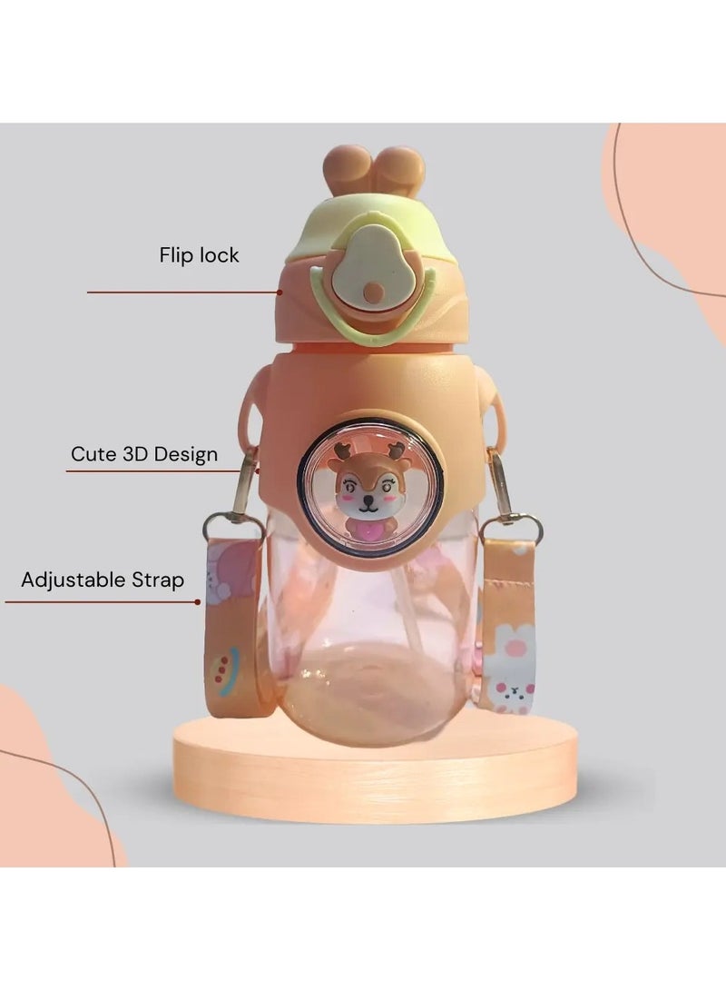 Mobcos Cute Rabbit Cartoon Kids Water Bottle with Straw and Adjustable Strap Food Grade Tritan One-Click Open Portable Leak Proof Insulated BPA Free For Kids Girls School Travel 750Ml (OrangeP) - Image 2