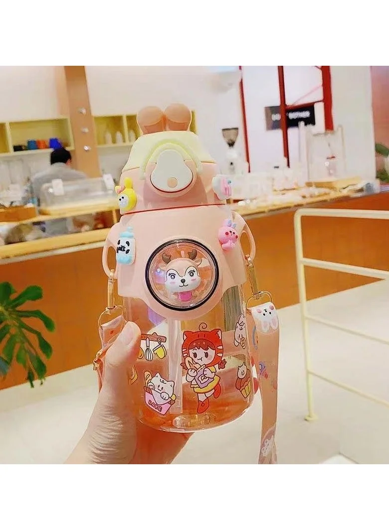 Mobcos Cute Rabbit Cartoon Kids Water Bottle with Straw and Adjustable Strap Food Grade Tritan One-Click Open Portable Leak Proof Insulated BPA Free For Kids Girls School Travel 750Ml (OrangeP)
