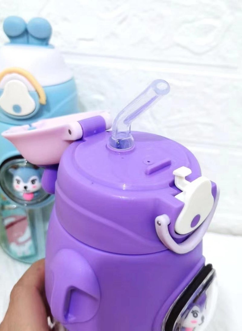 Mobcos Cute Rabbit Cartoon Kids Water Bottle with Straw and Adjustable Strap Food Grade Tritan One-Click Open Portable Leak Proof Insulated BPA Free For Kids Girls School Travel 750Ml (OrangeP) - Image 4