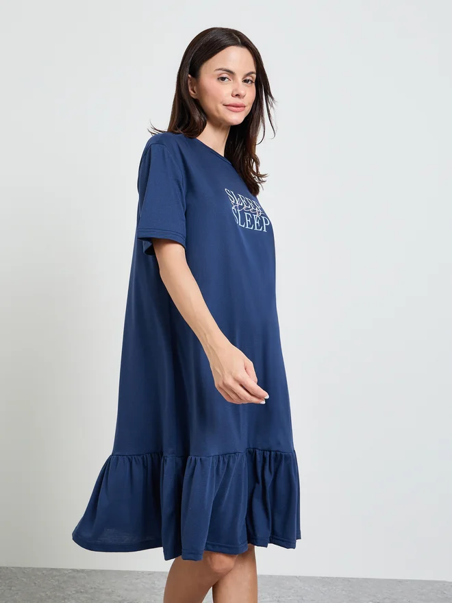 Styli Styli Navy Blue Slogan Wide Ruffle Hem Sleep T-Shirt Dress
