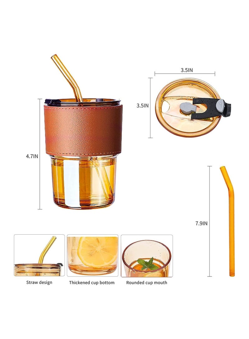 Generic KELVEE Glass Tumbler with Silicone Straw and Lid 435ml, Glass Cup with Leather Sleeve, Glass Coffee Mugs for Straw and Direct Drinking Mouth Dual Use,... - Image 4