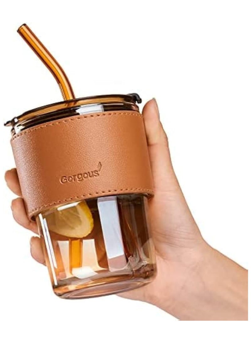 Generic KELVEE Glass Tumbler with Silicone Straw and Lid 435ml, Glass Cup with Leather Sleeve, Glass Coffee Mugs for Straw and Direct Drinking Mouth Dual Use,... - Image 1
