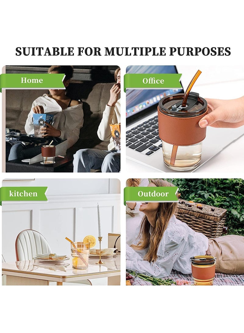 Generic KELVEE Glass Tumbler with Silicone Straw and Lid 435ml, Glass Cup with Leather Sleeve, Glass Coffee Mugs for Straw and Direct Drinking Mouth Dual Use,... - Image 3