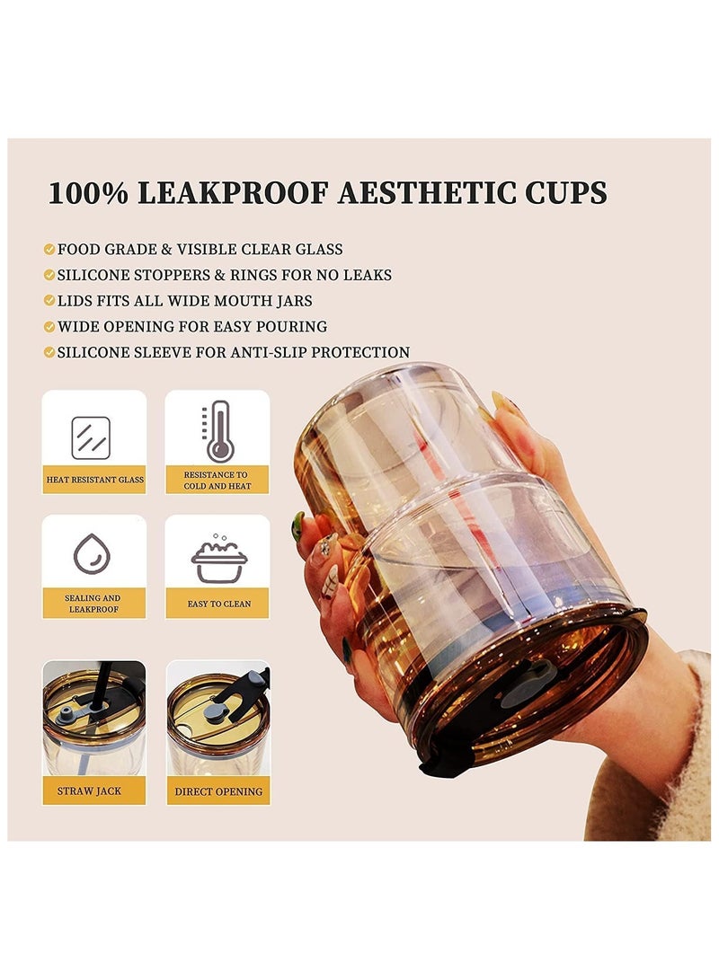 Generic KELVEE Glass Tumbler with Silicone Straw and Lid 435ml, Glass Cup with Leather Sleeve, Glass Coffee Mugs for Straw and Direct Drinking Mouth Dual Use,... - Image 5