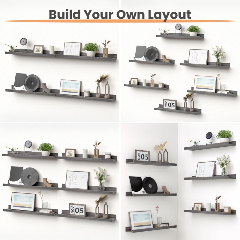 upsimples Floating Shelves for Wall, 23.6 Inch Shelves for Decor Storage Set of 6, Wall Mounted Wood Shelf for Bedroom, Living Room, Bathroom, Kitchen, Long Picture Ledge Shelves, Grey - Image 2