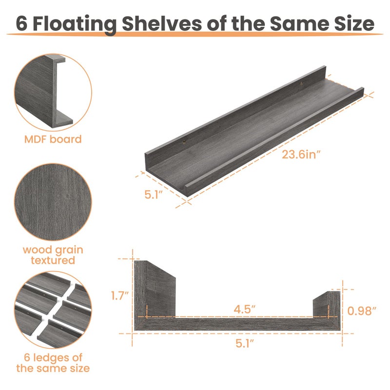 upsimples Floating Shelves for Wall, 23.6 Inch Shelves for Decor Storage Set of 6, Wall Mounted Wood Shelf for Bedroom, Living Room, Bathroom, Kitchen, Long Picture Ledge Shelves, Grey - Image 3