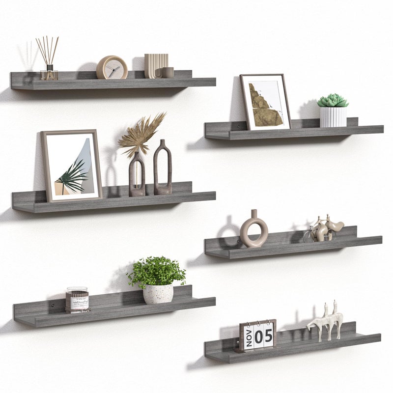 upsimples Floating Shelves for Wall, 23.6 Inch Shelves for Decor Storage Set of 6, Wall Mounted Wood Shelf for Bedroom, Living Room, Bathroom, Kitchen, Long Picture Ledge Shelves, Grey - Image 1