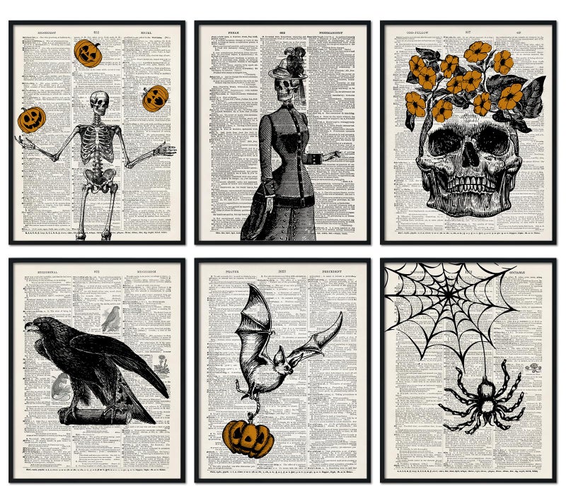 Whaline Whaline 6Pcs Skeleton Wall Art Prints 8x10 Inch Vintage Halloween Wall Decor Skeleton Bat Spooky Gothic Home Decor Wall Art for Halloween Gallery Wall Home Living Room Bedroom Decor (UNFRAMED)  - Image 1