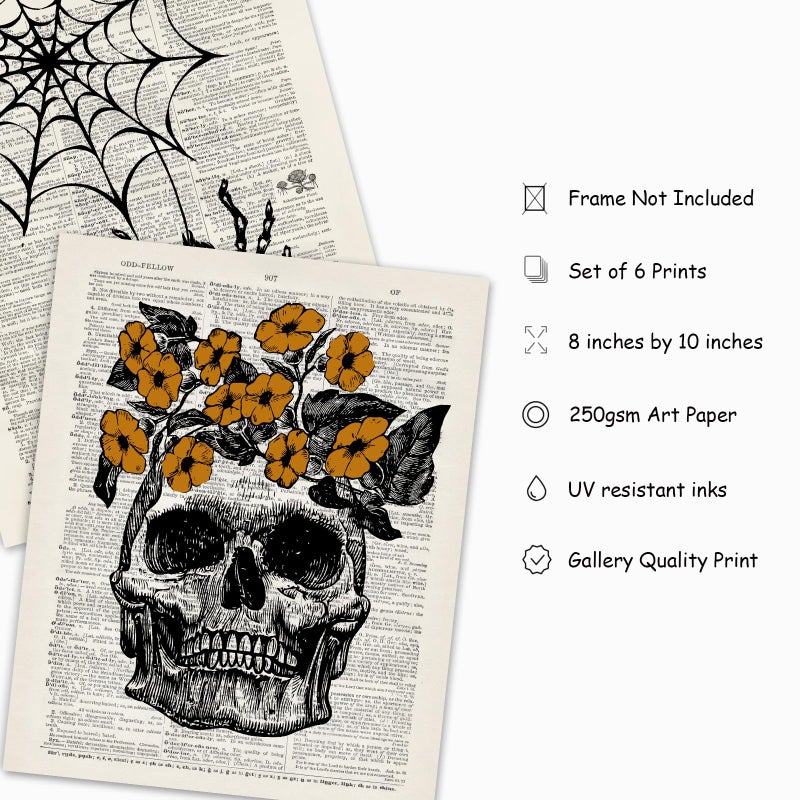 Whaline Whaline 6Pcs Skeleton Wall Art Prints 8x10 Inch Vintage Halloween Wall Decor Skeleton Bat Spooky Gothic Home Decor Wall Art for Halloween Gallery Wall Home Living Room Bedroom Decor (UNFRAMED)  - Image 2
