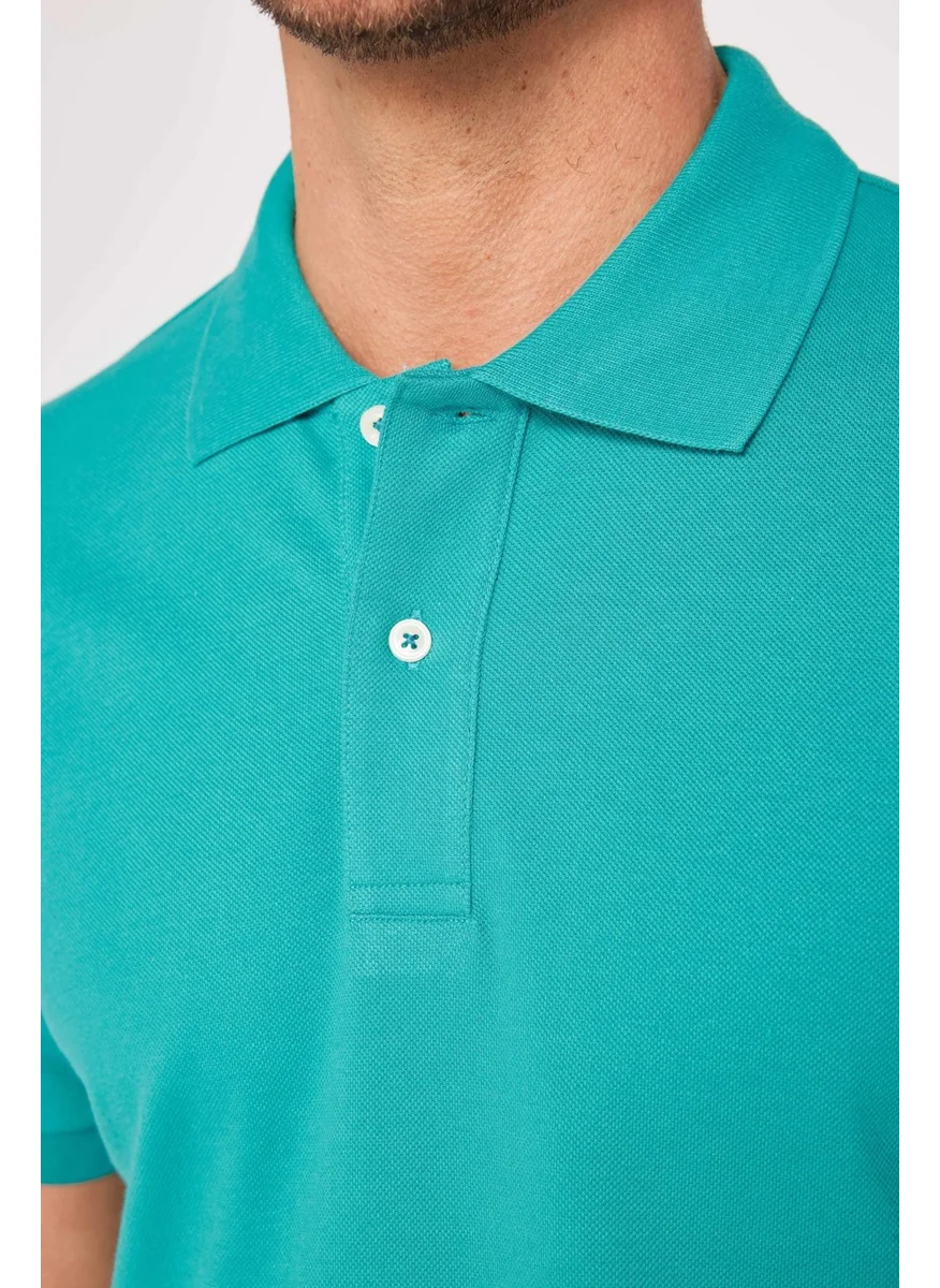 تودورس Men's Slim Fit Narrow Cut Cotton Plain Pique Green Polo Neck T-Shirt