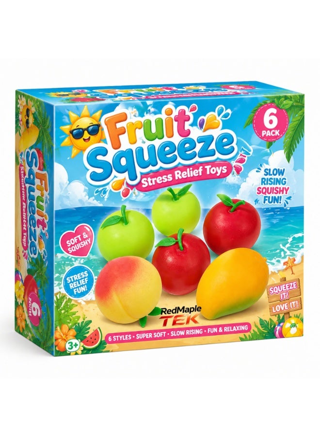 RedMapleTEK 6 Pack Fruit Squishy Stress Relief Toys, Slow Rebound Squeeze Toys, Realistic Apple Peach Mango Sensory Fidget Toys for Kids & Adults - Image 1