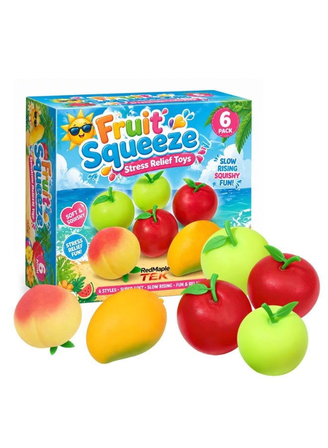 RedMapleTEK 6 Pack Fruit Squishy Stress Relief Toys, Slow Rebound Squeeze Toys, Realistic Apple Peach Mango Sensory Fidget Toys for Kids & Adults - Image 2