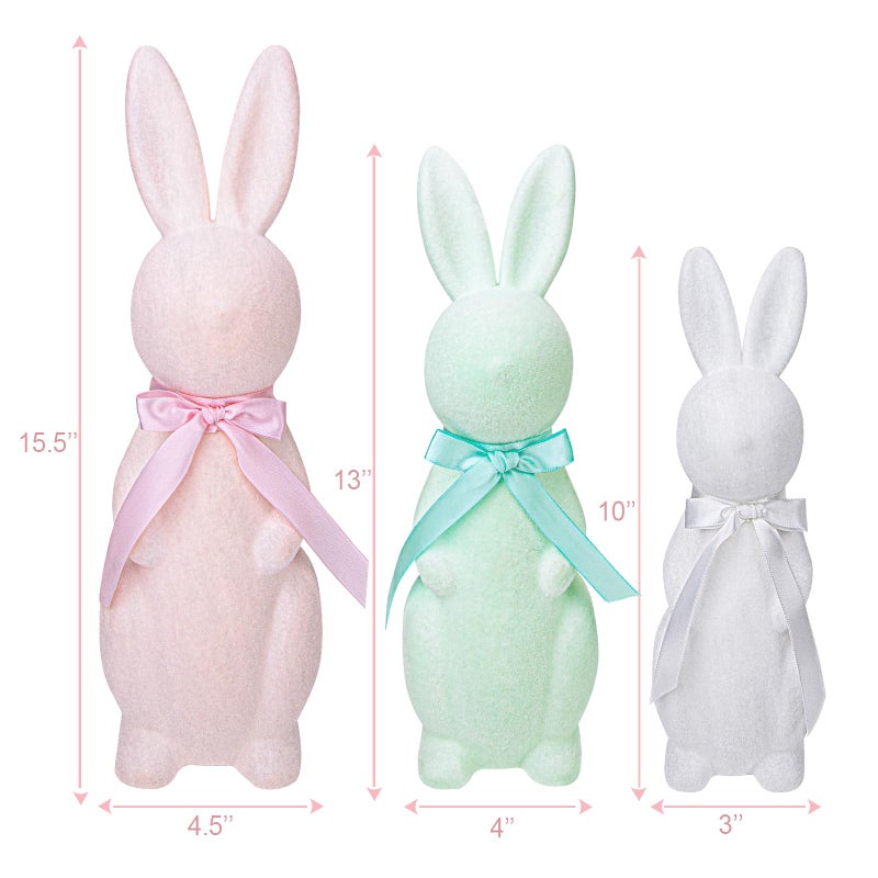 MOREDOTS Easter Decorations - 3 Pack Pastel Flocked Bow-Tied Bunny Set (10", 13", 16") - Spring Table Centerpieces for Indoor Decor - Easter Bunny Figurines Decoration for Home Party Office - Image 2