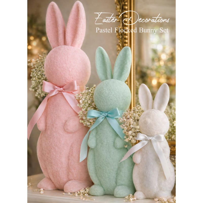 MOREDOTS Easter Decorations - 3 Pack Pastel Flocked Bow-Tied Bunny Set (10", 13", 16") - Spring Table Centerpieces for Indoor Decor - Easter Bunny Figurines Decoration for Home Party Office - Image 1
