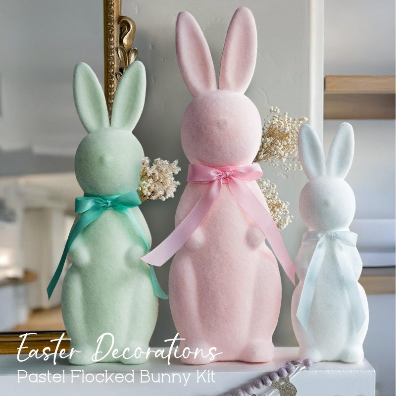 MOREDOTS Easter Decorations - 3 Pack Pastel Flocked Bow-Tied Bunny Set (10", 13", 16") - Spring Table Centerpieces for Indoor Decor - Easter Bunny Figurines Decoration for Home Party Office - Image 4