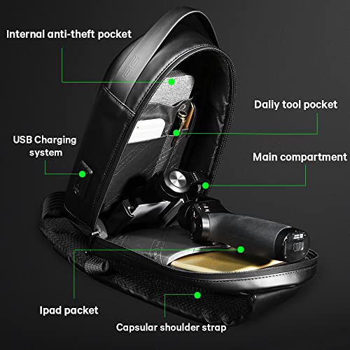 BANGE Sling Bag Waterproof Safe Protect Shell Crossbady Bag Backpack, Biking Hiking Travel Shoulder Bag (Black with USB) - Image 4