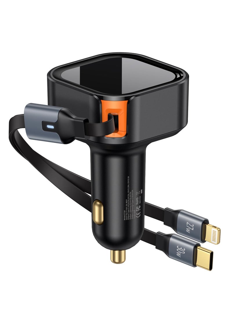 SYOSI Retractable Car Charger - 2 in 1 Car Charger, Compatible with iPhone 15/14/13/12/11/iPad, Samsung Galaxy, Google Pixel, etc - Image 1