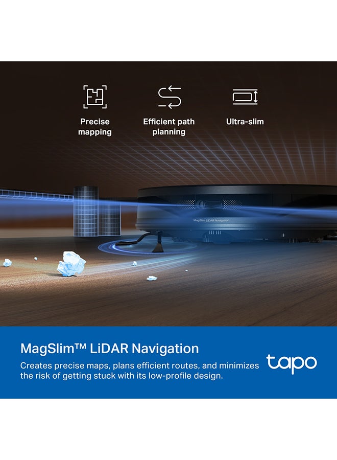 تي بي لينك روبوت مكنسة وممسحة Tapo RV20 Max بقوة شفط 5300Pa مع نظام ملاحة MagSlim™ LiDAR، تصميم فائق النحافة 83mm، تنظيف قابل للتخصيص، شحن تلقائي، وتحكم صوتي لتنظيف المنزل بكفاءة وشمولية. - Image 4