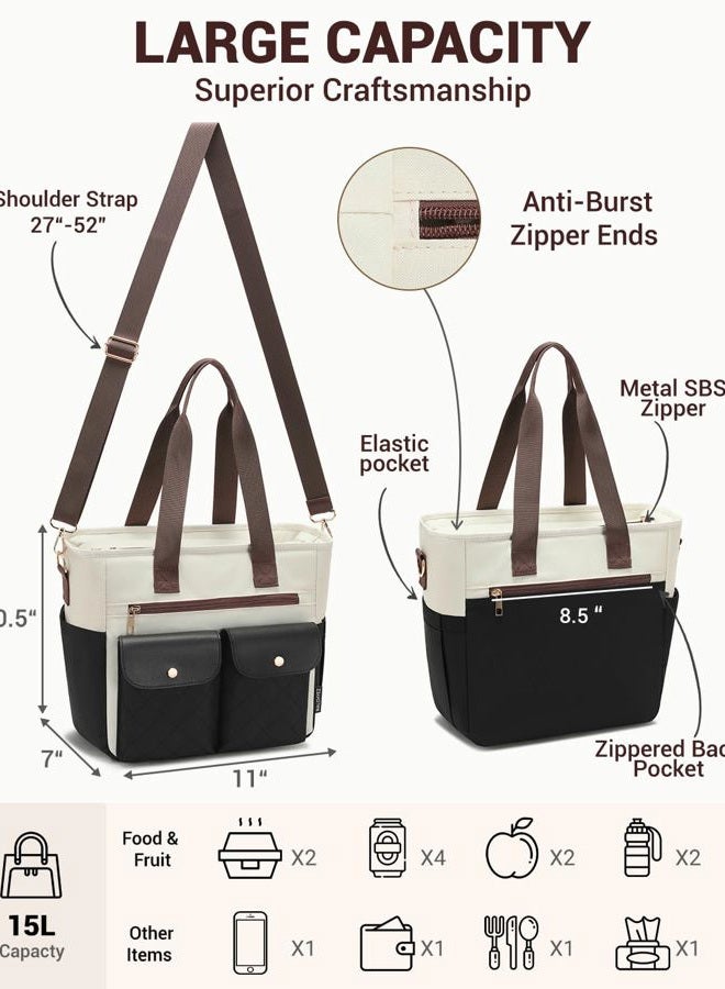 RalChyez Lunch Box for Women, Large Lunch Tote Leakproof Adult Lunch Bag Insulated Lunch Cooler Purse with Storage Pocket for Work Picnic Beach Trip Black/Brown - Image 3