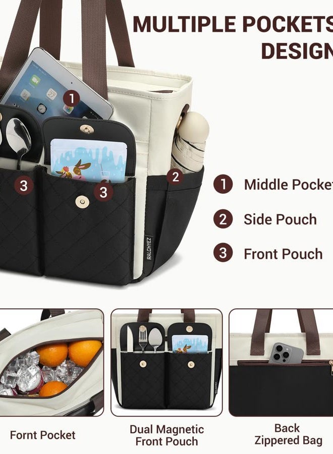 RalChyez Lunch Box for Women, Large Lunch Tote Leakproof Adult Lunch Bag Insulated Lunch Cooler Purse with Storage Pocket for Work Picnic Beach Trip Black/Brown - Image 4