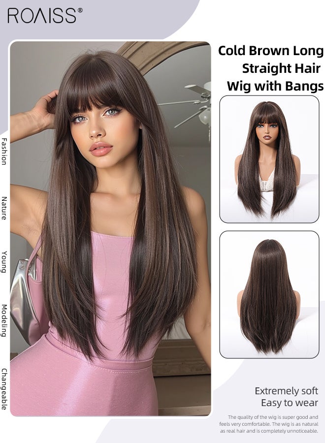 roaiss Cold Brown Long Straight Hair Wig with Bangs,, Heat Resistant Synthetic Wig for Women, Suitable for Wedding Cosplay Party Daily Wear, Natural Looking, 66cm (26 inches) - Image 1