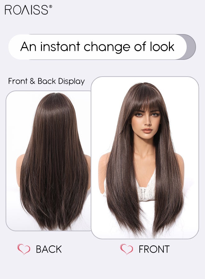 roaiss Cold Brown Long Straight Hair Wig with Bangs,, Heat Resistant Synthetic Wig for Women, Suitable for Wedding Cosplay Party Daily Wear, Natural Looking, 66cm (26 inches) - Image 3