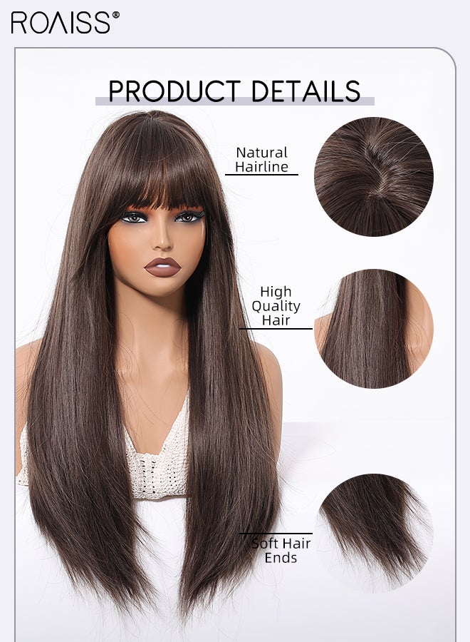 roaiss Cold Brown Long Straight Hair Wig with Bangs,, Heat Resistant Synthetic Wig for Women, Suitable for Wedding Cosplay Party Daily Wear, Natural Looking, 66cm (26 inches) - Image 4
