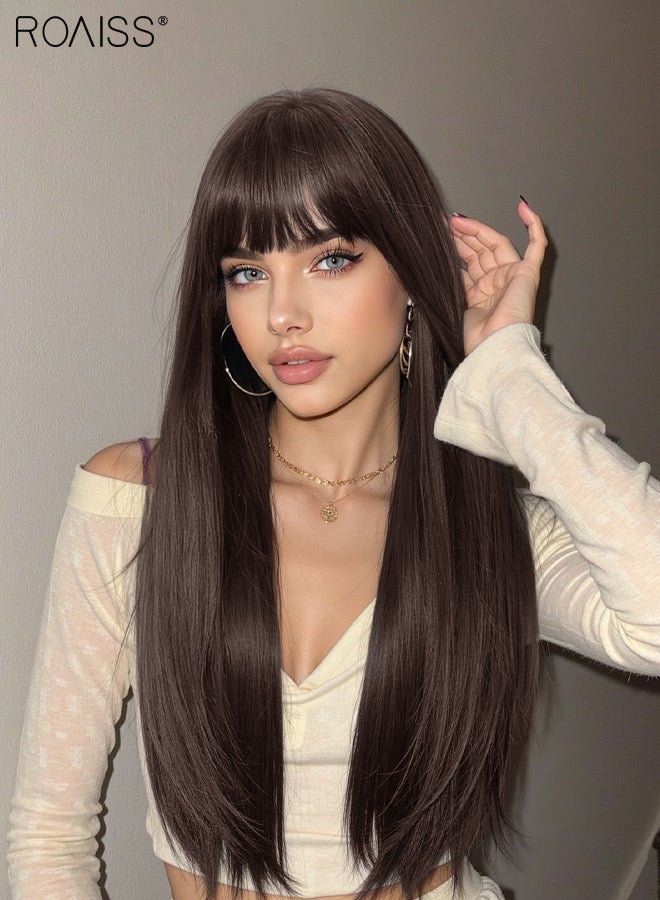 roaiss Cold Brown Long Straight Hair Wig with Bangs,, Heat Resistant Synthetic Wig for Women, Suitable for Wedding Cosplay Party Daily Wear, Natural Looking, 66cm (26 inches) - Image 5