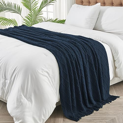 inhand Knitted Throw Blankets for Couch and Bed, Soft Cozy Knit Blanket with Tassel, Dark Blue Lightweight Decorative Blankets and Throws, Farmhouse Warm Woven Blanket for Men and Women, 60"x80" - Image 3