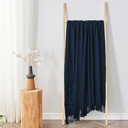 inhand Knitted Throw Blankets for Couch and Bed, Soft Cozy Knit Blanket with Tassel, Dark Blue Lightweight Decorative Blankets and Throws, Farmhouse Warm Woven Blanket for Men and Women, 60"x80" - Image 5