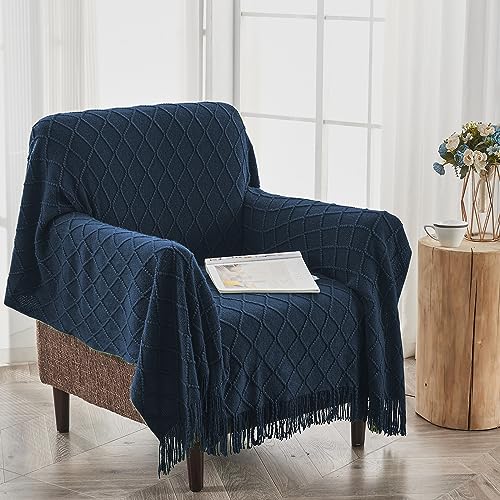 inhand Knitted Throw Blankets for Couch and Bed, Soft Cozy Knit Blanket with Tassel, Dark Blue Lightweight Decorative Blankets and Throws, Farmhouse Warm Woven Blanket for Men and Women, 60"x80" - Image 4