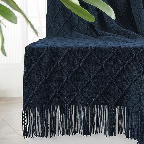 inhand Knitted Throw Blankets for Couch and Bed, Soft Cozy Knit Blanket with Tassel, Dark Blue Lightweight Decorative Blankets and Throws, Farmhouse Warm Woven Blanket for Men and Women, 60"x80" - Image 1