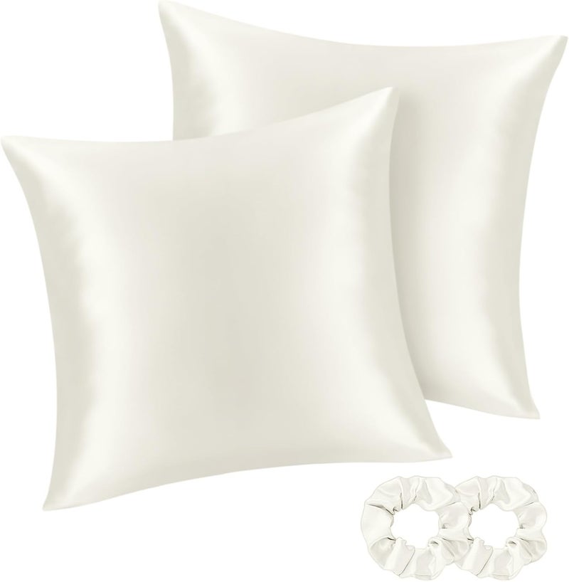 BEDELITE Satin Cushion Cover, Set of 2, 80 x 80 cm, Ivory White | Silk Pillowcase Alternative, Soft for Summer, 2 Hair Bobbles Included, for Hair and Skin - Image 1