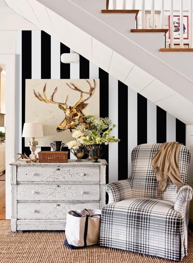 Guvana 472.4"x17.7" Striped Peel and Stick Wallpaper Black and White Self-Adhesive Wallpaper Removable Contact Paper Waterproof Wallpaper for Livingroom Cabinets Shelves Drawer Liner Decor Vinyl Roll - Image 3