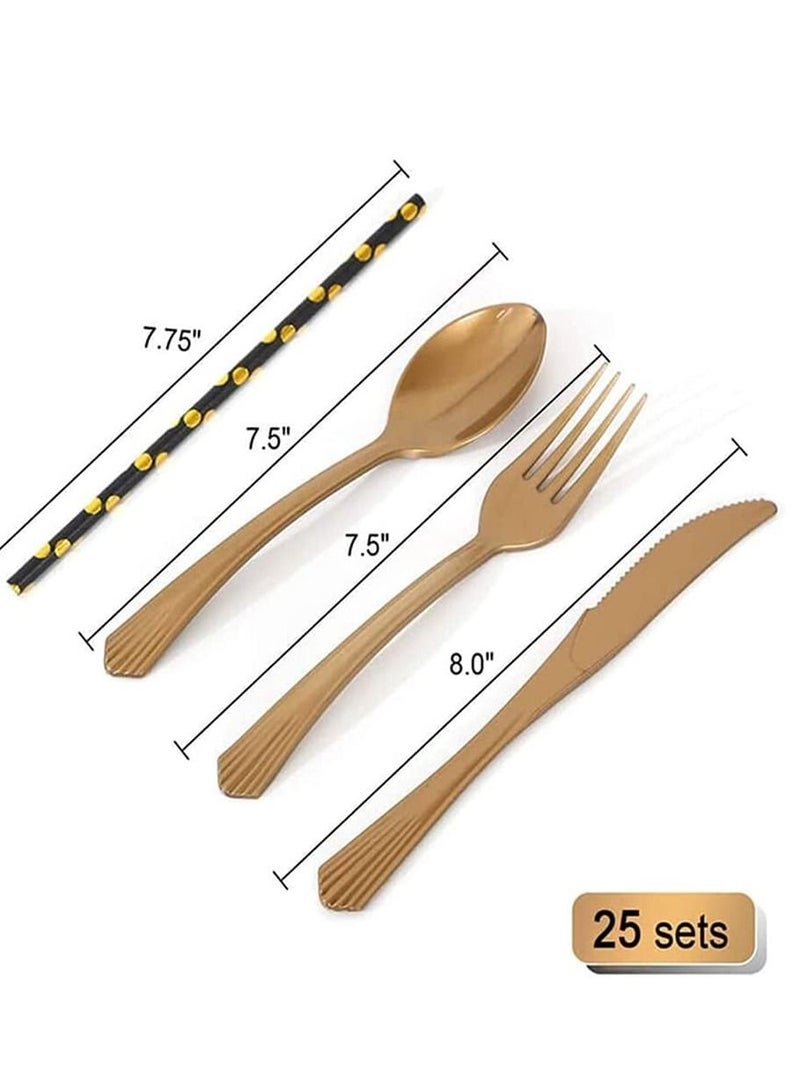 xppier 200 Pieces Party Supplies Party Tableware Foil Paper Plates Napkins Cups Straws for Weddings, Anniversary, Birthday-25 Guests (Black-Gold) - Image 3