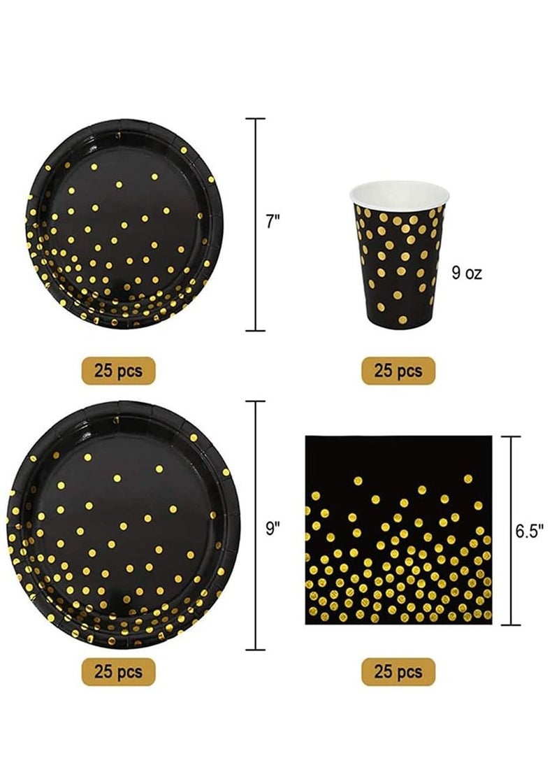 xppier 200 Pieces Kids Party Supplies Party Tableware Foil Paper Plates Napkins Cups Straws for Weddings, Anniversary, Birthday for 25 Guests (Black-Gold) - Image 2