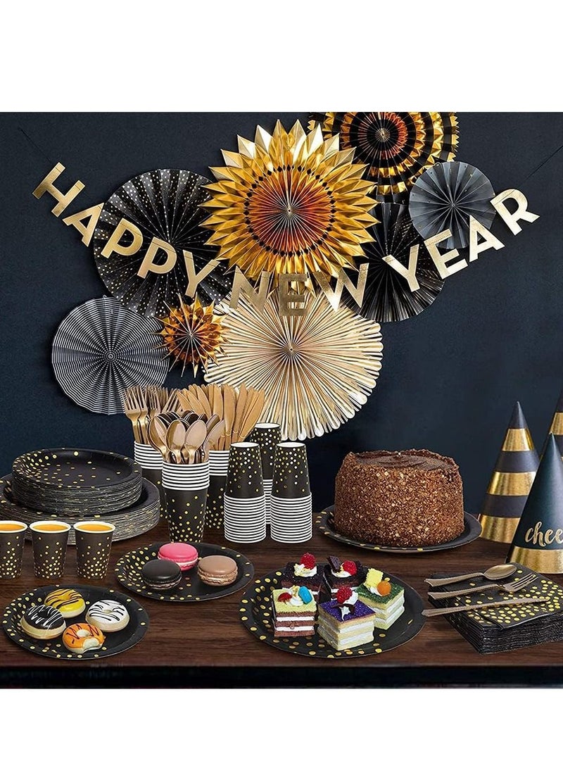 xppier 200 Pieces Kids Party Supplies Party Tableware Foil Paper Plates Napkins Cups Straws for Weddings, Anniversary, Birthday for 25 Guests (Black-Gold) - Image 5