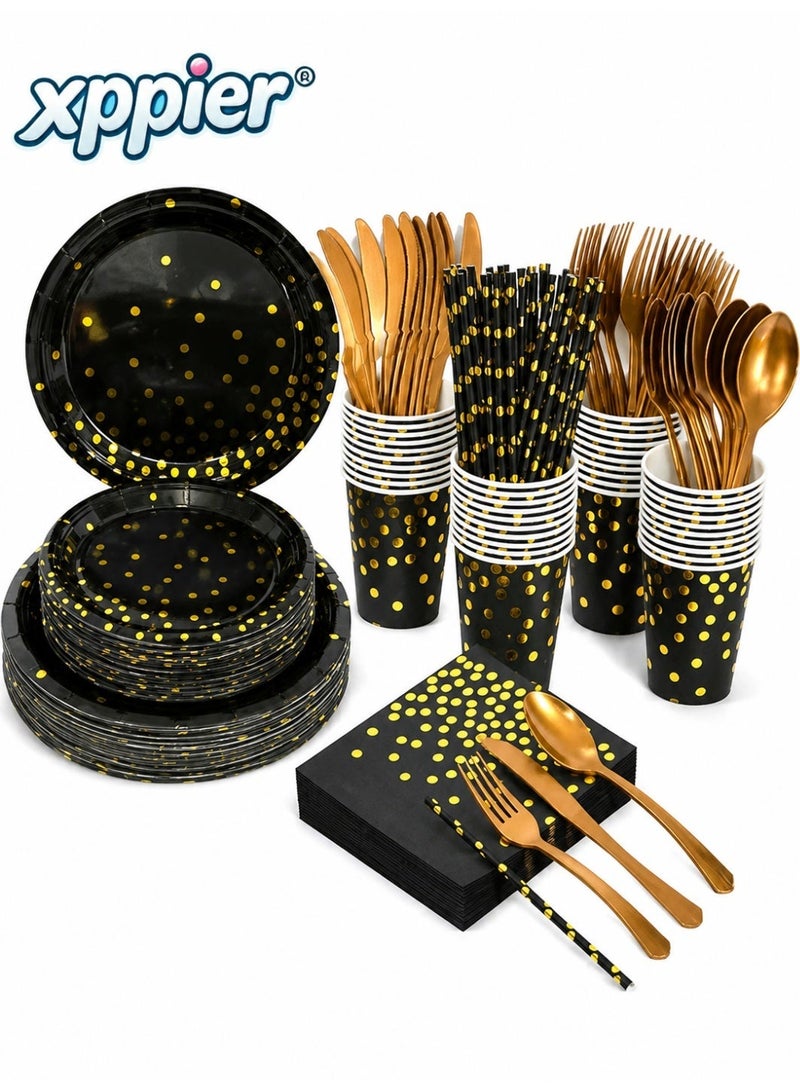 xppier 200 Pieces Kids Party Supplies Party Tableware Foil Paper Plates Napkins Cups Straws for Weddings, Anniversary, Birthday for 25 Guests (Black-Gold) - Image 1
