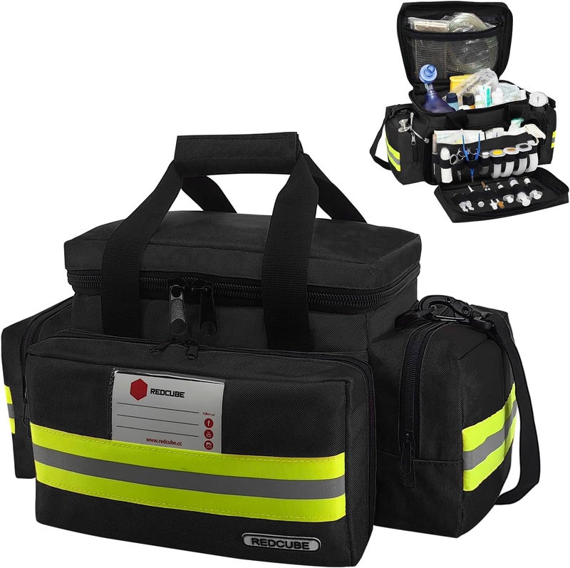 REDCUBE Emergency Bag,First Aid Bags Empty,Professional Emergency Responder Trauma Bag Medical Bag with Multiple Compartment Kit Carrier for EMT, EMS, Paramedics(Black)(Bag only)
