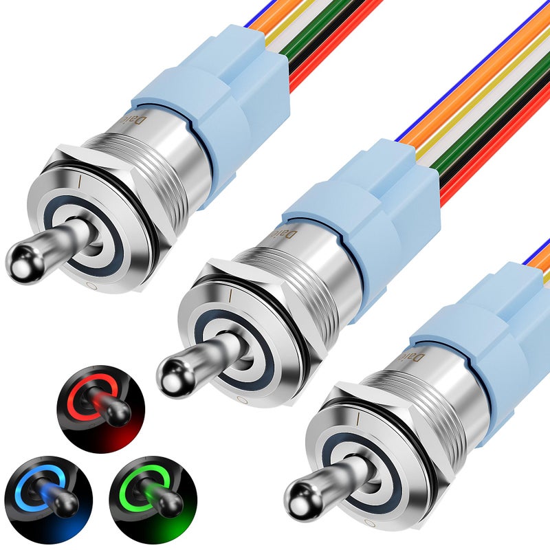 DAIERTEK 12V Waterproof Toggle Switch IP67, 16mm Pre-Wired, RGB (RED GREEN BLUE) LED, 20A 12VDC, Panel Mount, OFF-ON, 3Pack