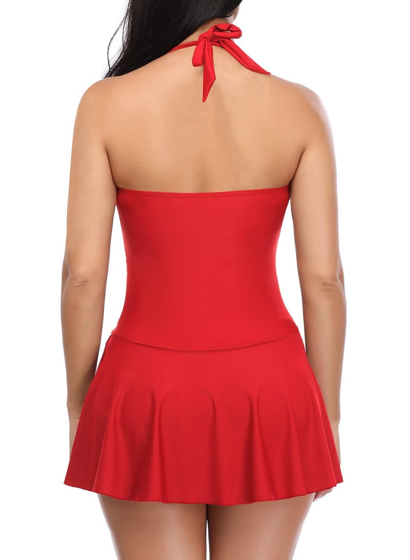 SHEKINI Women's Halter One Piece Skirt Swimsuit Ruched Swimdress Tummy Control Bathing Suit (Rose Red, X-Small) - Image 2