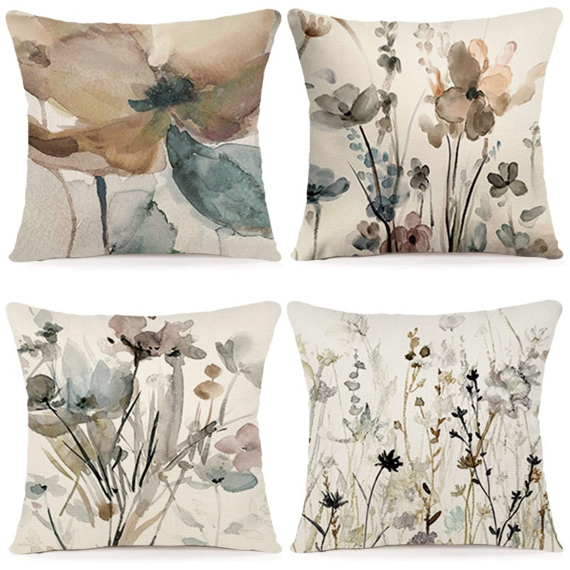YCOLL Floral Cushion Covers 50x50 Set of 4 Linen Sofa Cushion Modern Abstract Flowers Watercolor Painting Throw Pillow for Sofa Bedroom Couch Outdoor Covers 20x20 A090