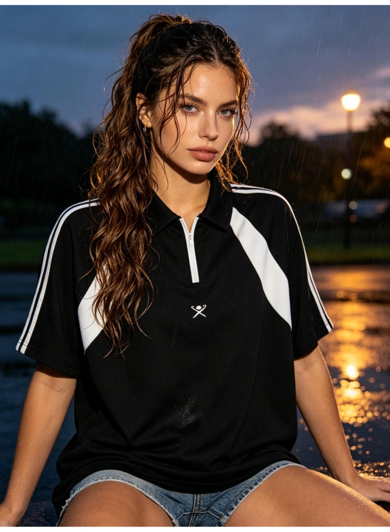 Hackett London Unisex color matching striped zipper neck Polo shirt simple LOGO loose sports couple short sleeve shirt - Image 4