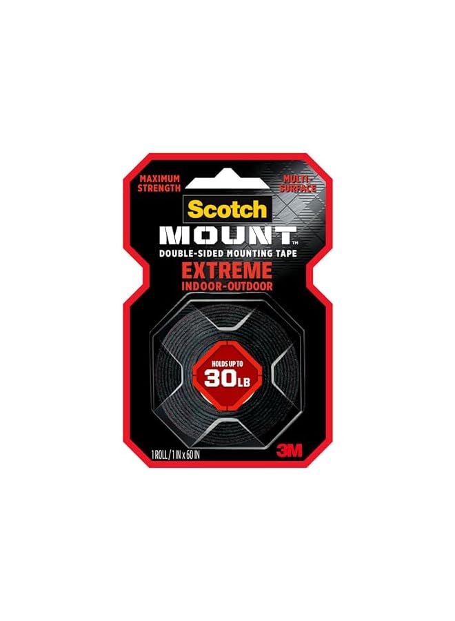 Scotch  Scotch Mount Extreme Strong Tape 1 in x 60 in roll (25.4mm x 1.52m), 1 roll/pack | Holds 13.6kg whole role | Black color | Maximum strength| indoor and Outdoor | No Tools | Double Sided Adhesive Tape  - Image 2