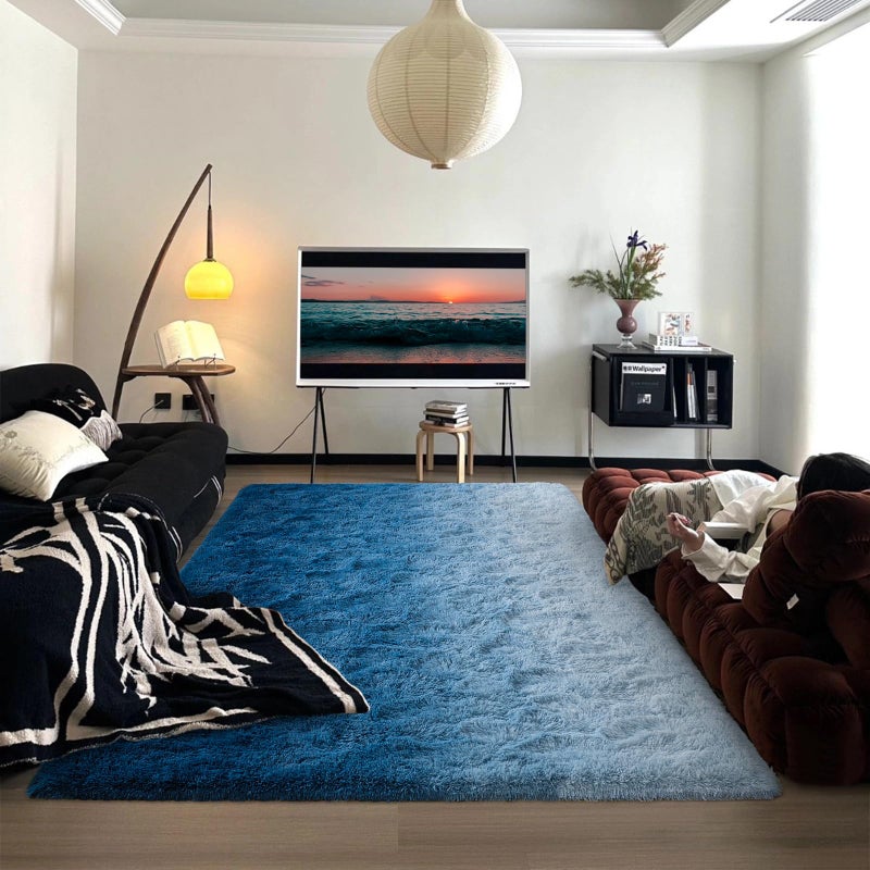 DweIke Luxury Fluffy Kids Rugs for Living Room Bedroom, 8x10 Large Shaggy Gradient Navy Blue Area Rug for Girls Boys, Upgrade Plush Non-Slip and Washable Colorful Fuzzy Carpet for Dorm Nursery Decor - Image 4