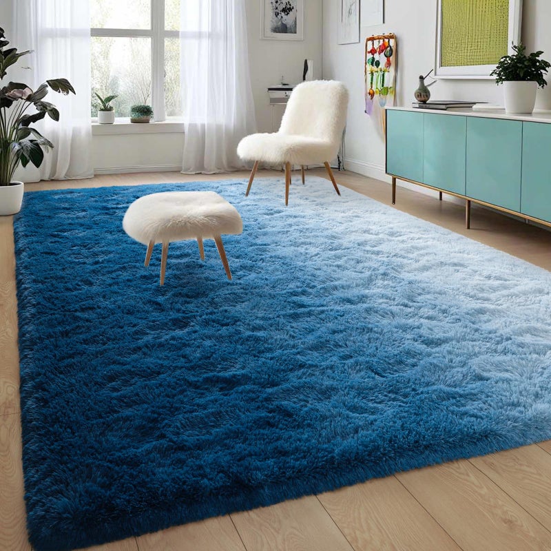 DweIke Luxury Fluffy Kids Rugs for Living Room Bedroom, 8x10 Large Shaggy Gradient Navy Blue Area Rug for Girls Boys, Upgrade Plush Non-Slip and Washable Colorful Fuzzy Carpet for Dorm Nursery Decor - Image 3
